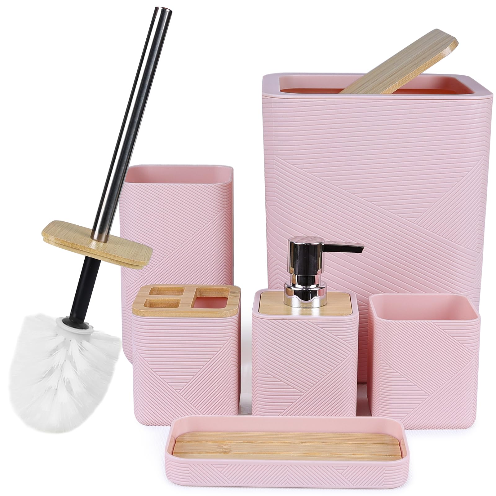 CERBIOR Bathroom Accessories Set 6 Piece Bamboo Bath Ensemble Includes Soap Dispenser, Toothbrush Holder, Toothbrush Cup, Soap Dish for Decorative Countertop and Housewarming Gift (Black)