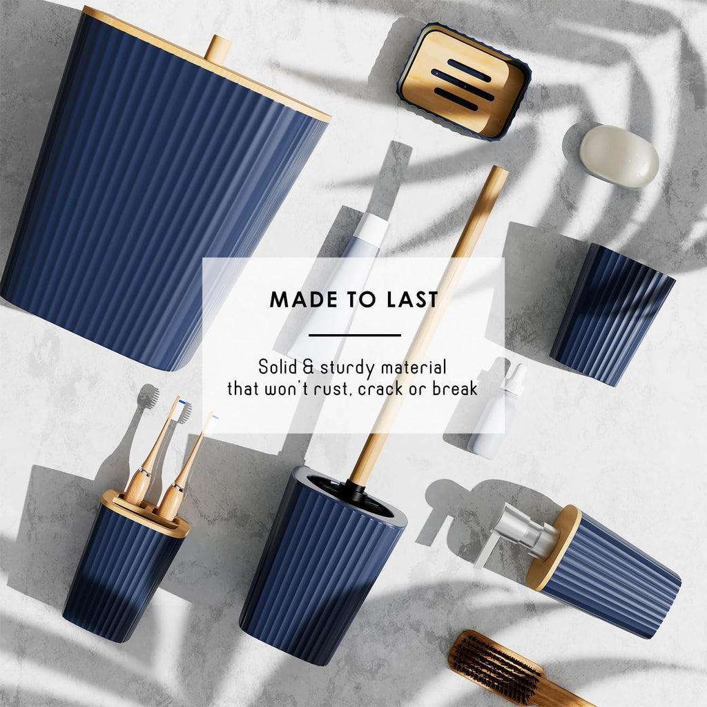 Clara Clark Bathroom Accessories Set - Bathroom Set, Bathroom Accessory Set, Shower Curtain Set, Toilet Brush, Trash Can & Soap Dispenser - Navy - 20PC
