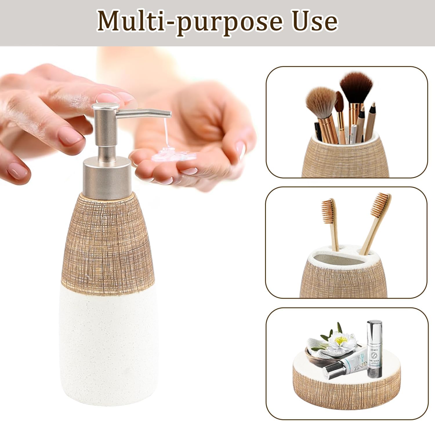 CERBIOR Bathroom Accessories Set,4 Pcs Ceramic Bathroom Decor Accessory,Includes Toothbrush Holder, Toothbrush Cup, Soap Dish for Decorative Countertop and Housewarming Gift, (Brown White)