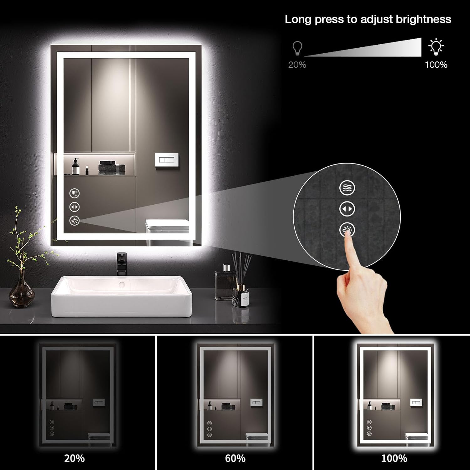 24×32 Front & Backlit LED Bathroom Vanity Mirror, Dimmable Anti-Fog Wall Mirror with Memory Shatterproof Tempered Glass ETL Listed