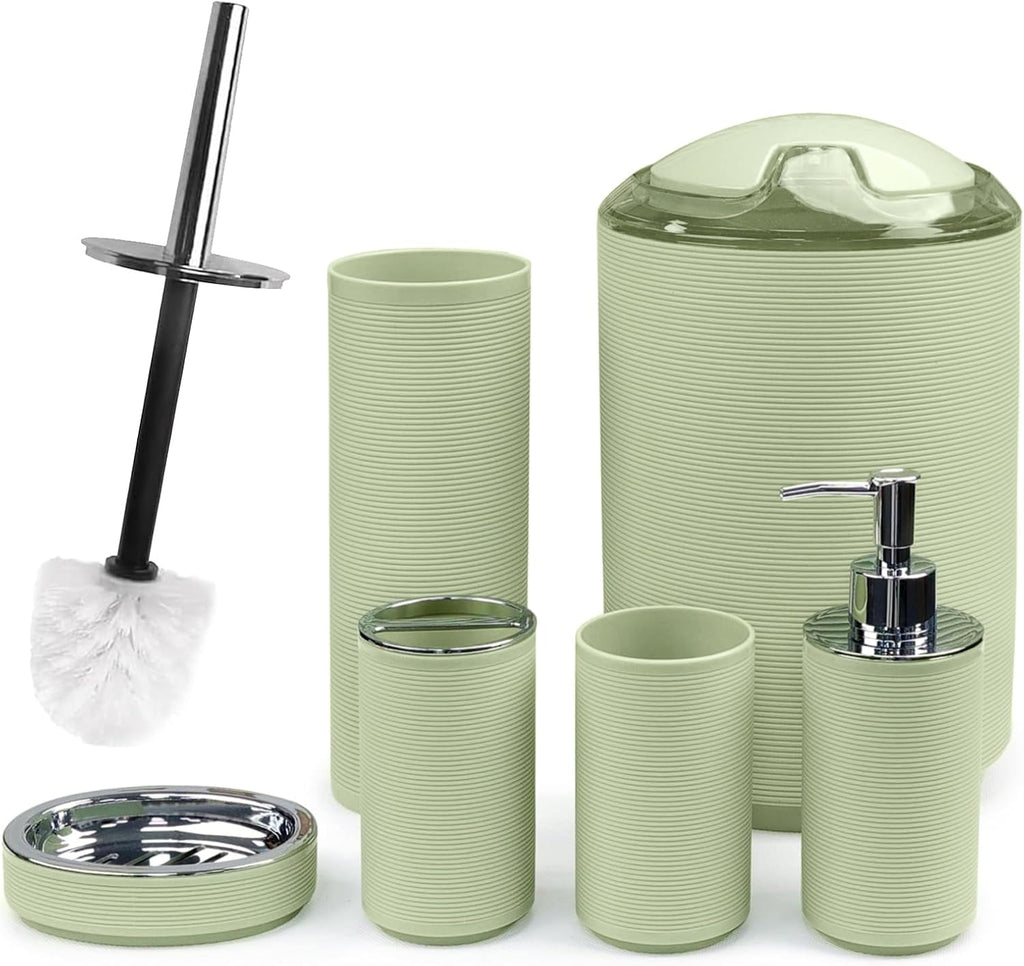 CERBIOR Bathroom Accessories Set 6 Piece Bamboo Bath Ensemble Includes Soap Dispenser, Toothbrush Holder, Toothbrush Cup, Soap Dish for Decorative Countertop and Housewarming Gift, Sriral Green