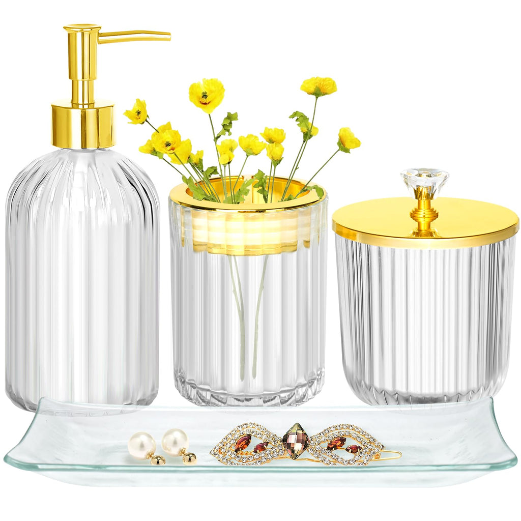 Haturi Bathroom Accessories Set, 4Pcs Sage Green Glass Bathroom Set Complete w/Bathroom Soap Dispenser Set, Toothbrush Holder, Qtip Holder, Soap Dish, Green Bathroom Decor, Gift for Home Apartment