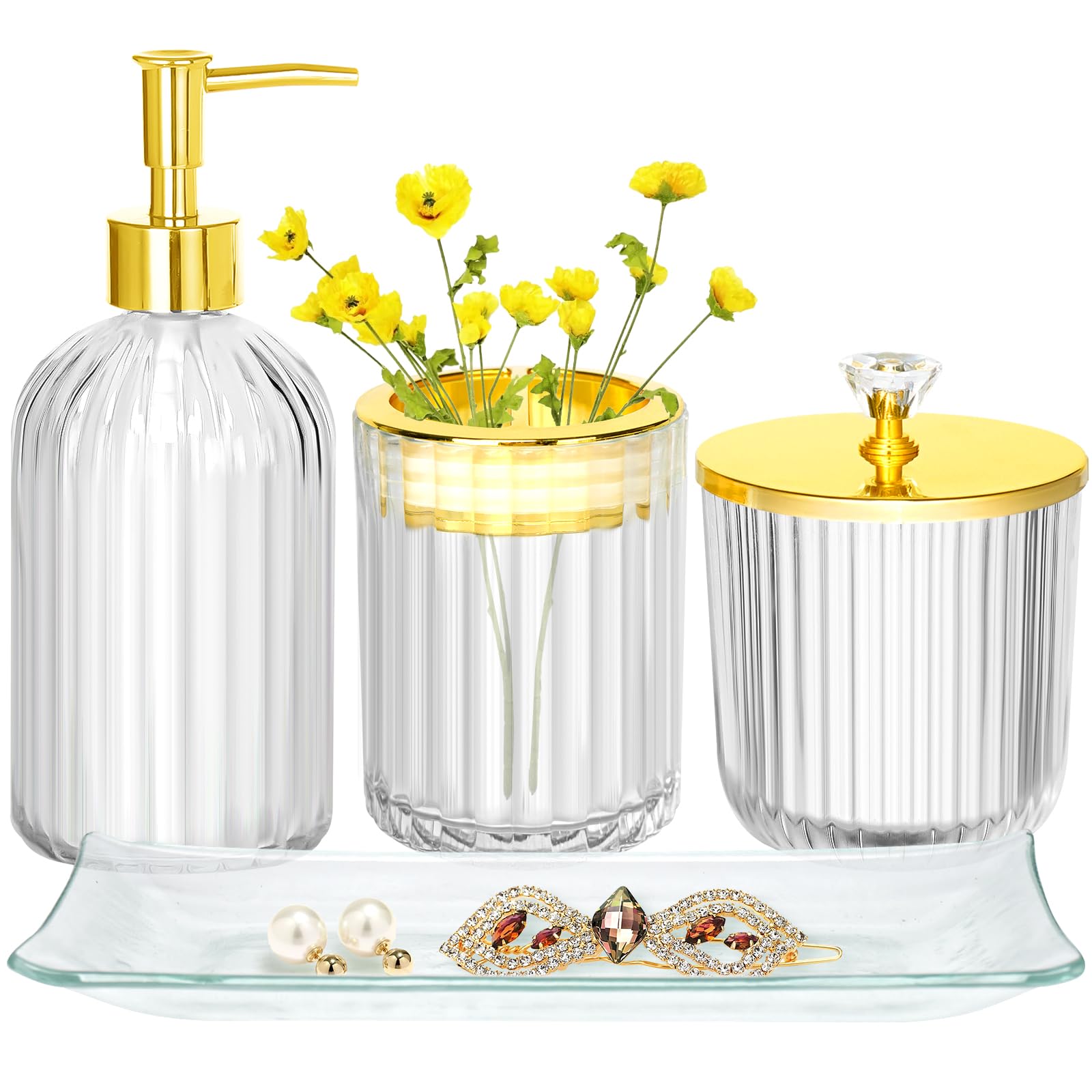 Haturi Bathroom Accessories Set, 4Pcs Sage Green Glass Bathroom Set Complete w/Bathroom Soap Dispenser Set, Toothbrush Holder, Qtip Holder, Soap Dish, Green Bathroom Decor, Gift for Home Apartment