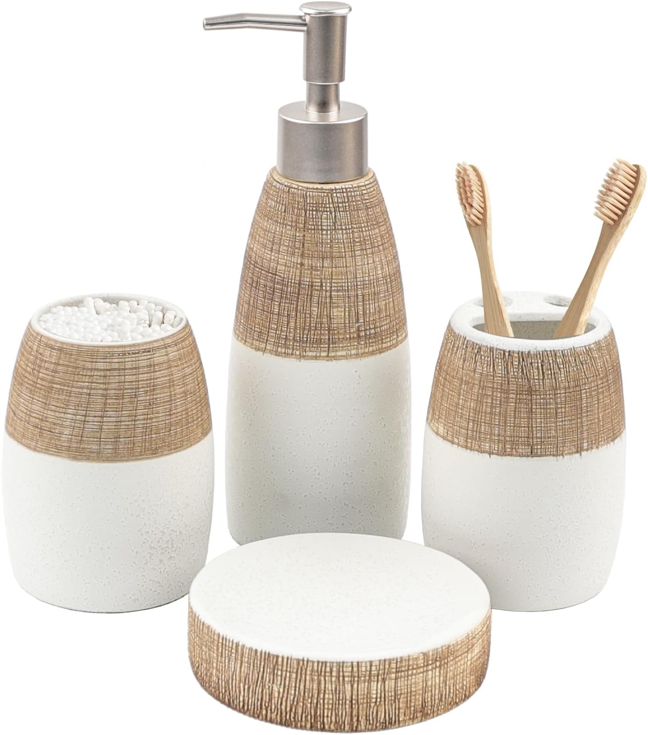 CERBIOR Bathroom Accessories Set,4 Pcs Ceramic Bathroom Decor Accessory,Includes Toothbrush Holder, Toothbrush Cup, Soap Dish for Decorative Countertop and Housewarming Gift, (Brown White)