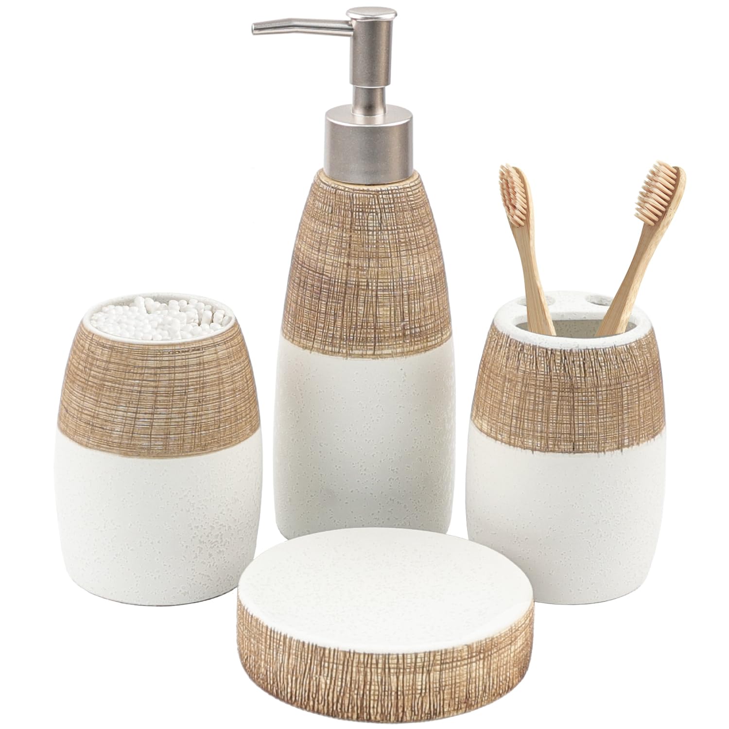 CERBIOR Bathroom Accessories Set,4 Pcs Ceramic Bathroom Decor Accessory,Includes Toothbrush Holder, Toothbrush Cup, Soap Dish for Decorative Countertop and Housewarming Gift, (Brown White)