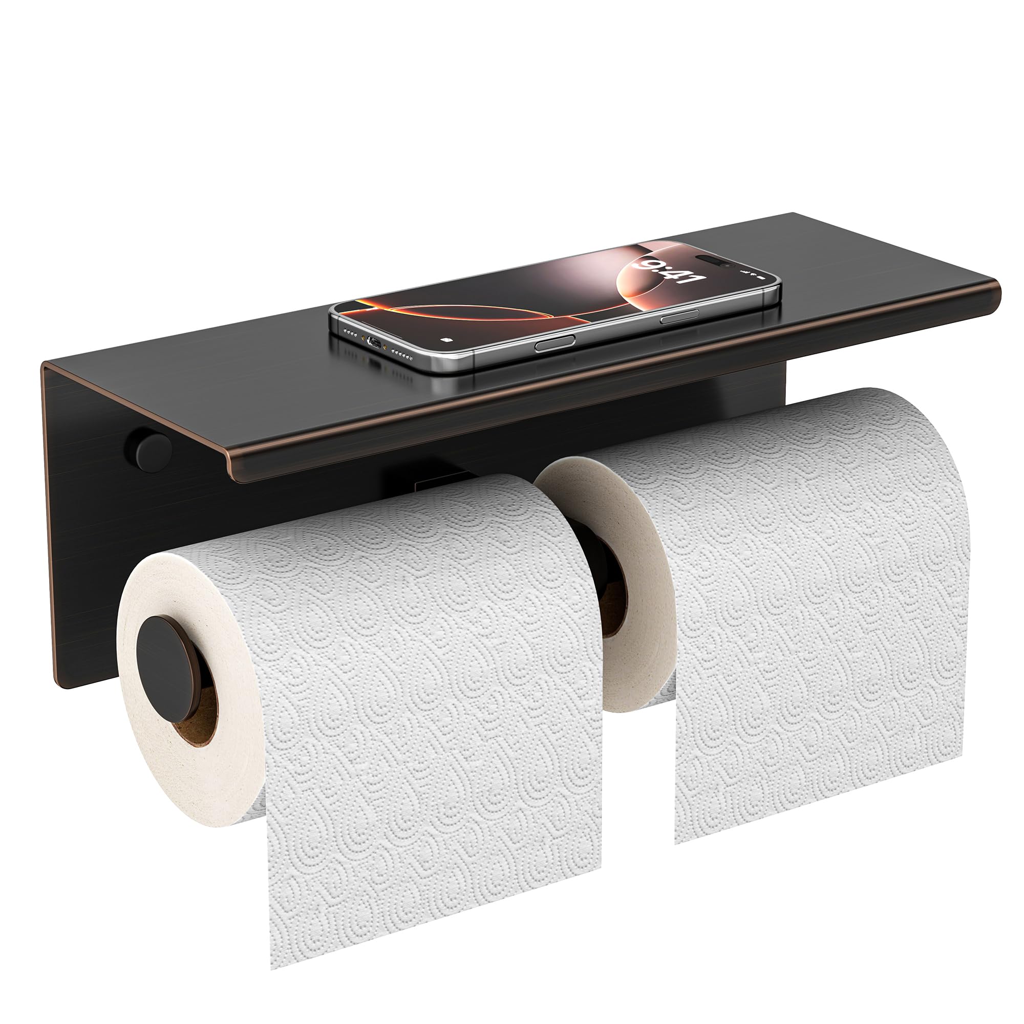 FORIOUS Double Toilet Paper Holder with Shelf, Wall Mount Tissue Roll Holder for Bathroom, 304 Stainless Steel Commercial Toilet Paper Dispensers with Phone Shelf (1, Brushed Nickel)
