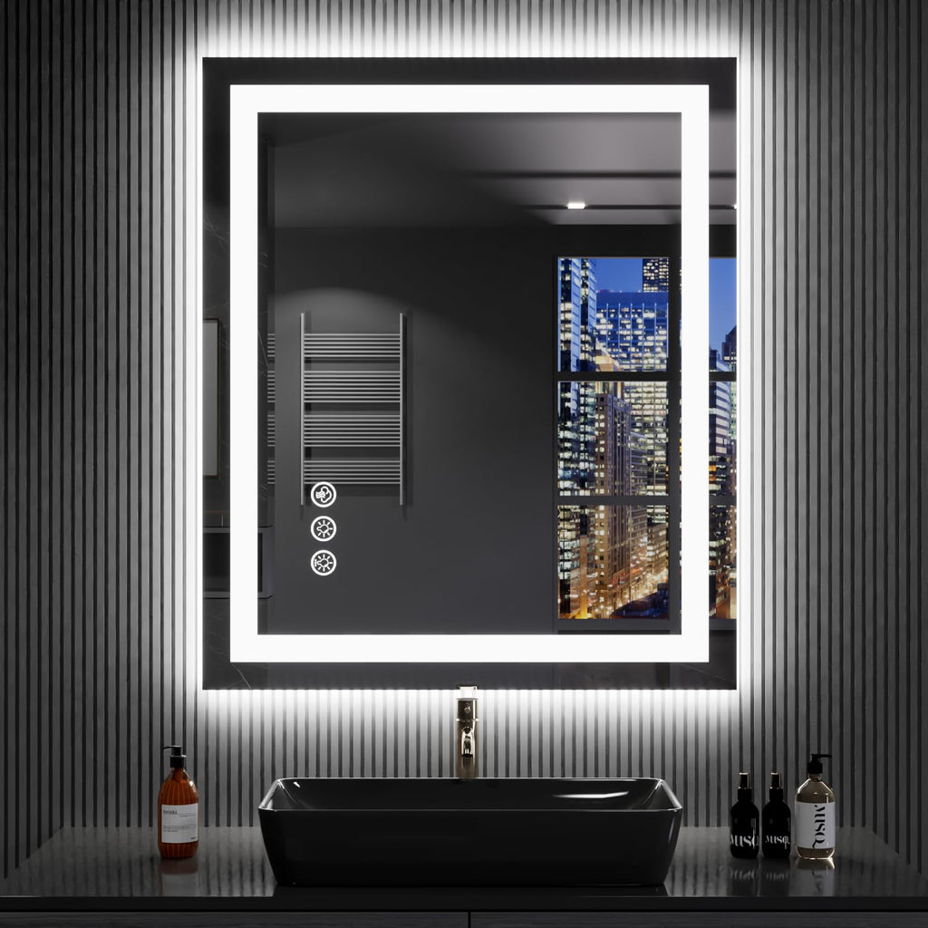 24×32 Front & Backlit LED Bathroom Vanity Mirror, Dimmable Anti-Fog Wall Mirror with Memory Shatterproof Tempered Glass ETL Listed