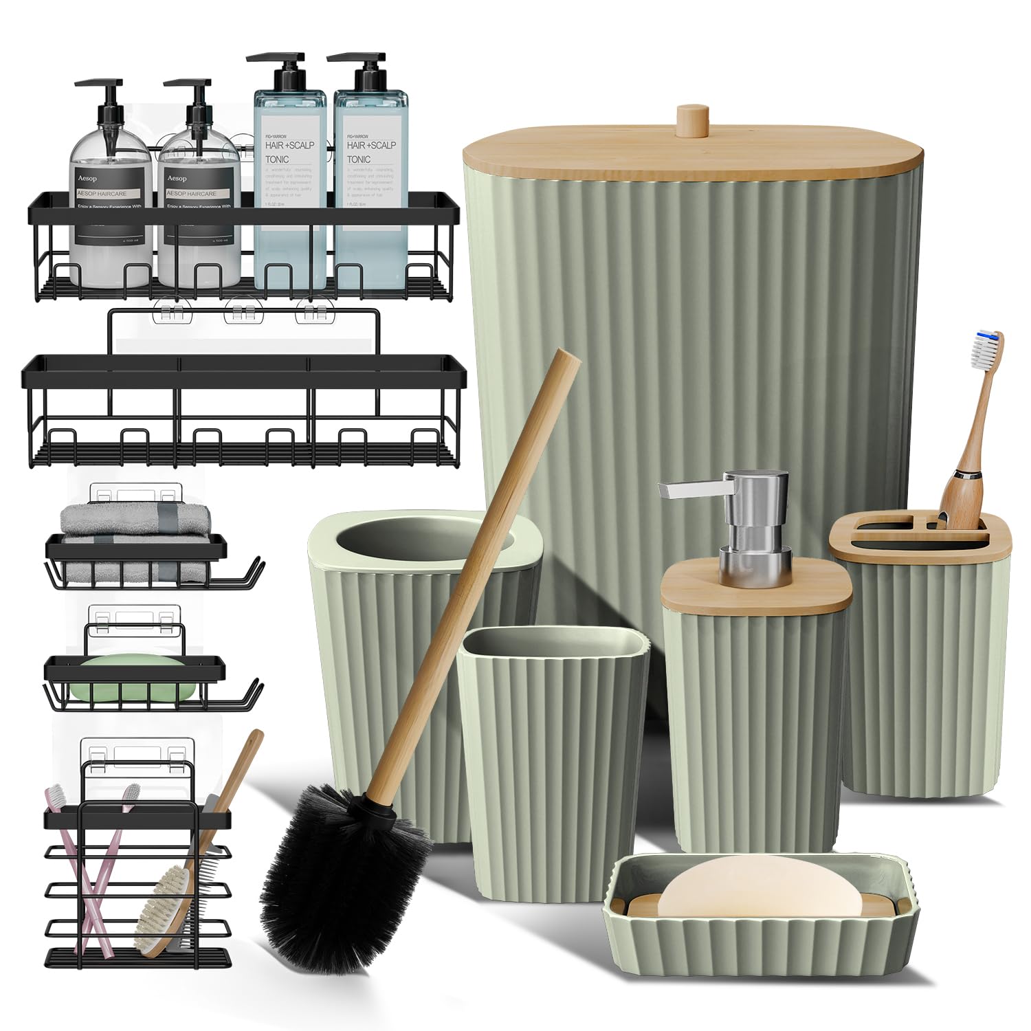 Clara Clark Bathroom Set - Sage Green Bathroom Accessories Set, 6PC Bathroom Accessory Set, Bathroom Sets with Toilet Brush, Trash Can & Soap Dispenser