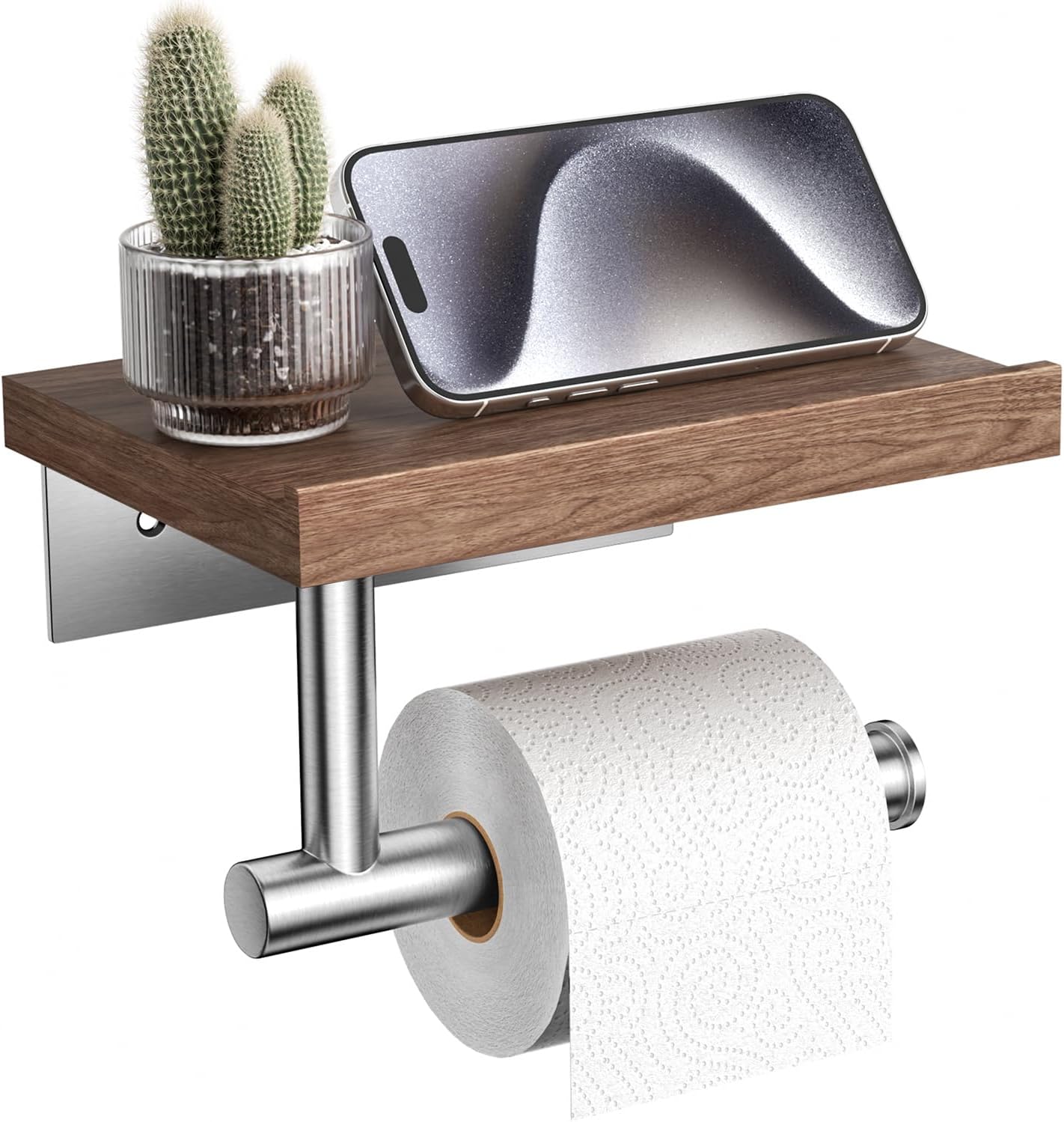 Walnut Matte Black Stainless Steel Wall Mount Toilet Paper Holder with Storage Shelf Bathroom Restroom Decor Accessory