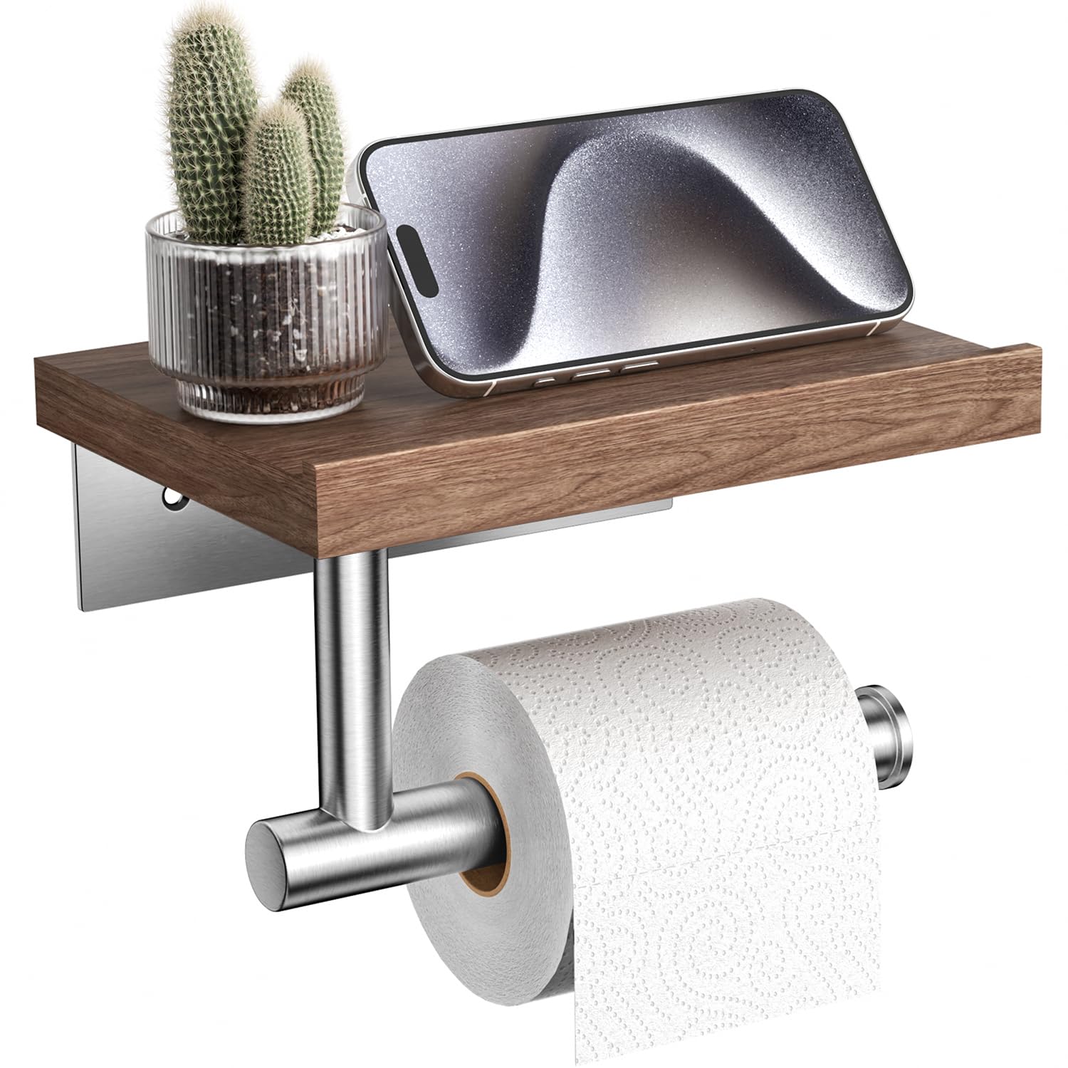 Walnut Matte Black Stainless Steel Wall Mount Toilet Paper Holder with Storage Shelf Bathroom Restroom Decor Accessory