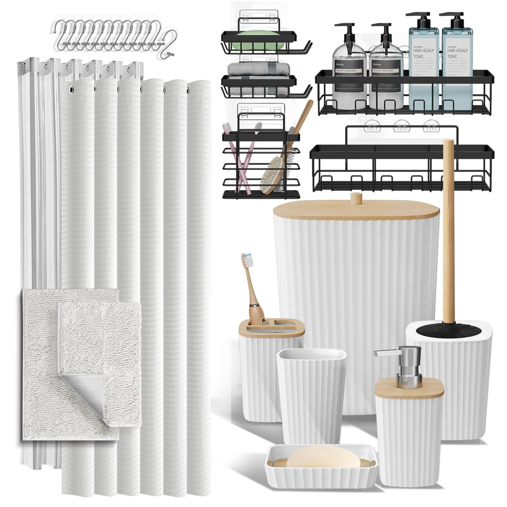 Clara Clark Bathroom Accessories Set - Bathroom Set, Bathroom Accessory Set, Shower Curtain Set, Toilet Brush, Trash Can & Soap Dispenser - Navy - 20PC