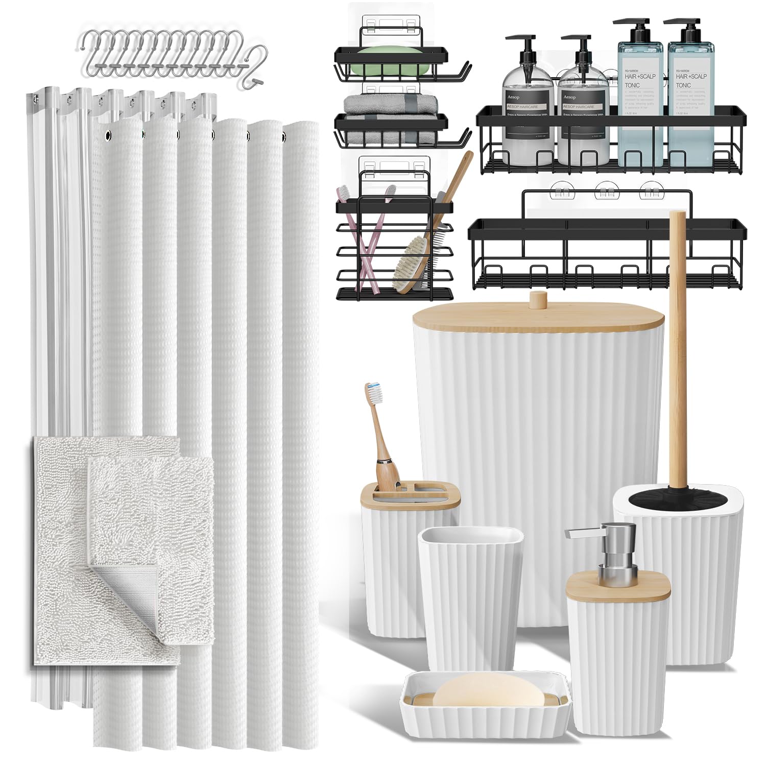 Clara Clark Bathroom Accessories Set - Bathroom Set, Bathroom Accessory Set, Shower Curtain Set, Toilet Brush, Trash Can & Soap Dispenser - Navy - 20PC