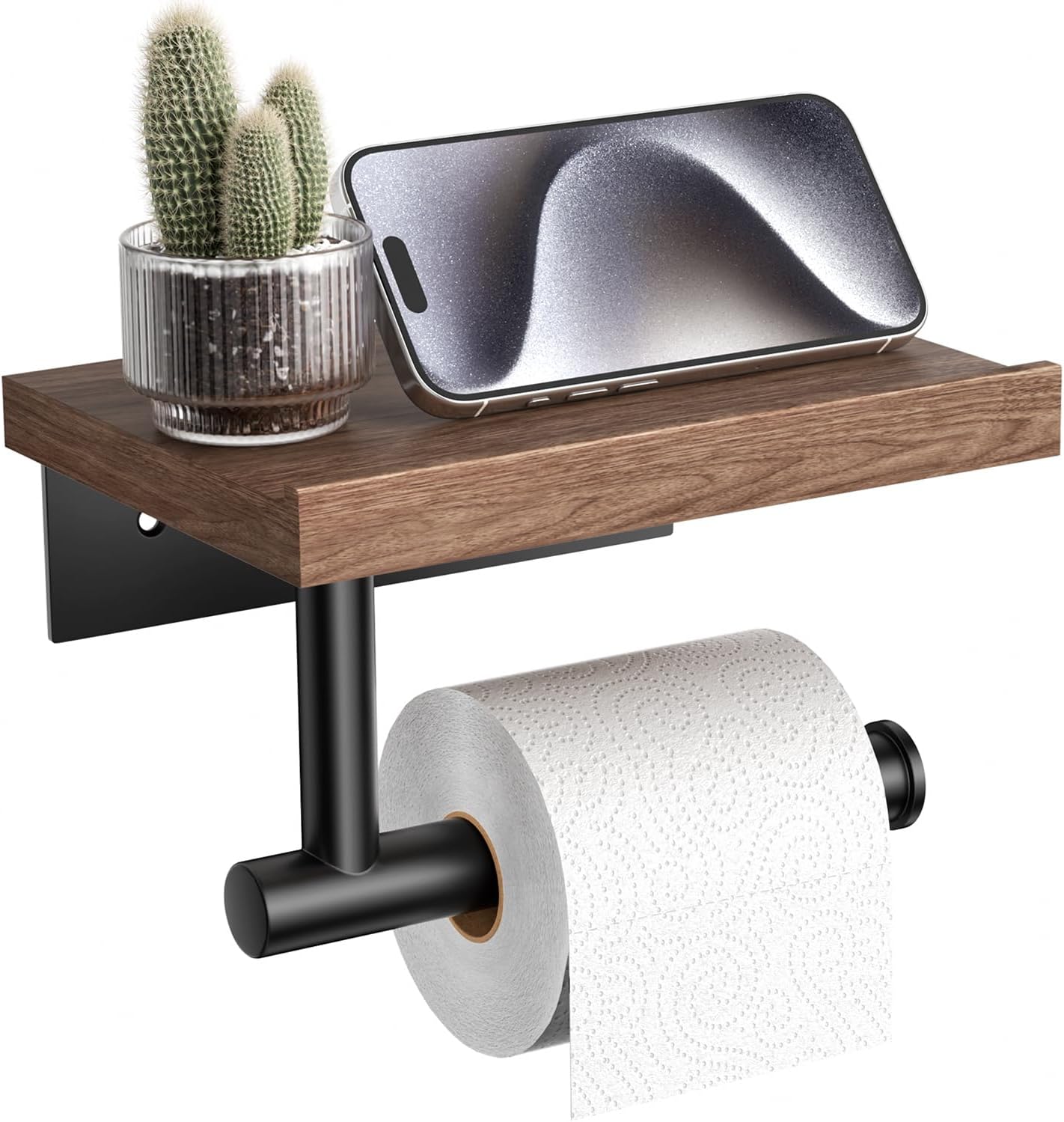 Walnut Matte Black Stainless Steel Wall Mount Toilet Paper Holder with Storage Shelf Bathroom Restroom Decor Accessory
