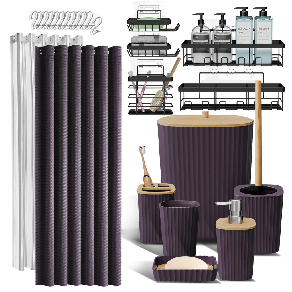 Clara Clark Bathroom Accessories Set - Bathroom Set, Bathroom Accessory Set, Shower Curtain Set, Toilet Brush, Trash Can & Soap Dispenser - Navy - 20PC