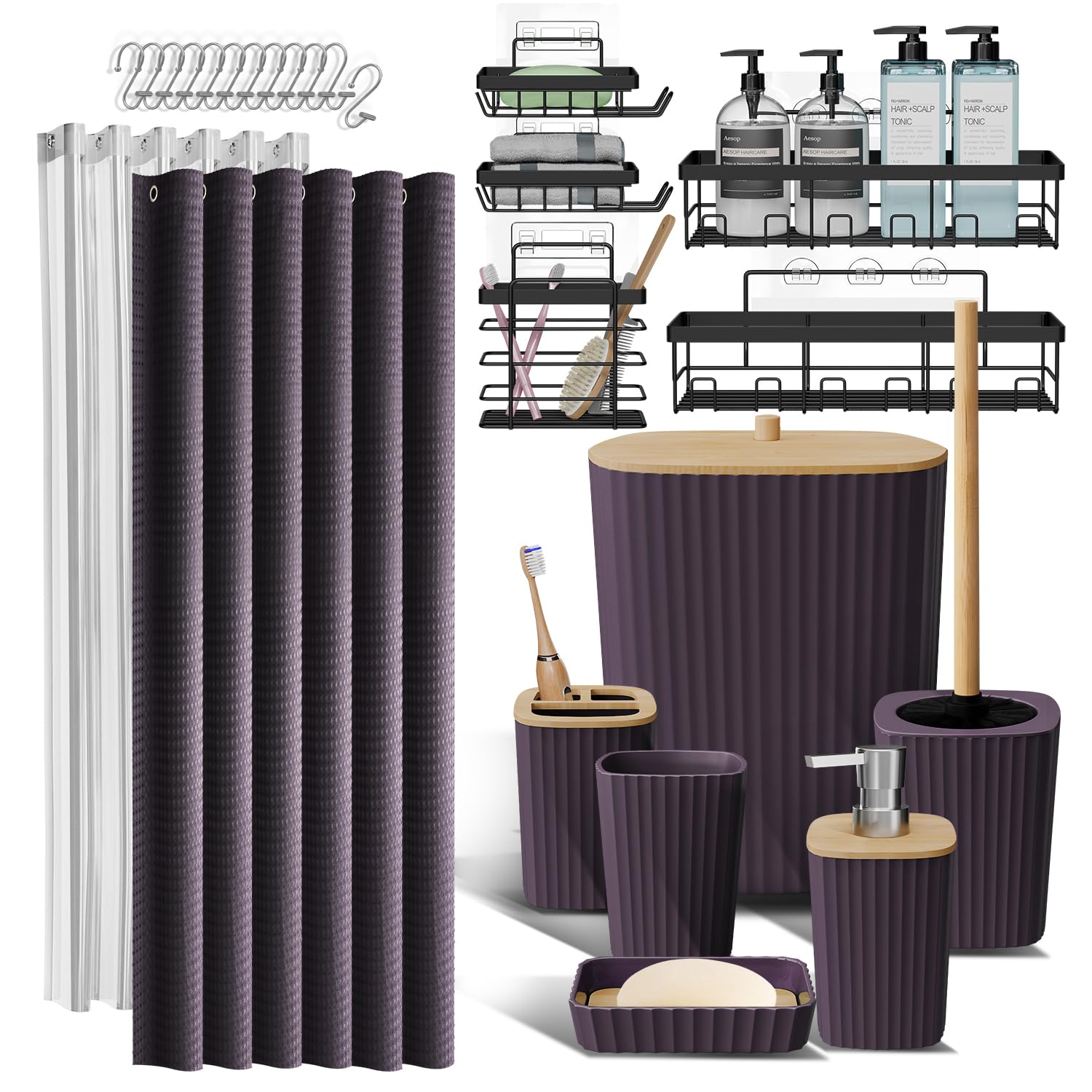 Clara Clark Bathroom Accessories Set - Bathroom Set, Bathroom Accessory Set, Shower Curtain Set, Toilet Brush, Trash Can & Soap Dispenser - Navy - 20PC