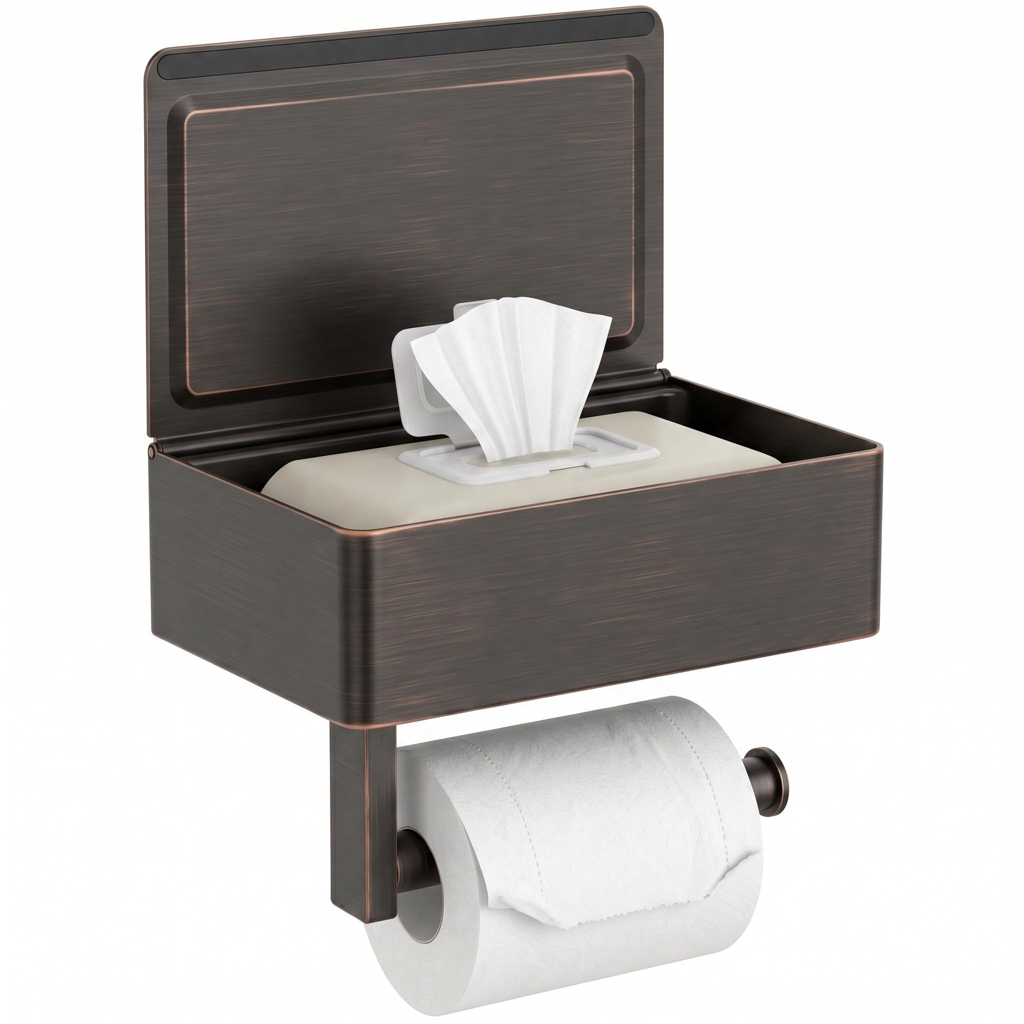 FORIOUS Toilet Paper Holder with Shelf, Sanitary Napkin Receptacle Tampon Holder, Wall Mount Toilet Paper Holder with Storage, Flushable Wipes Dispenser Fits for Bathroom Commercial(1, Matte Black)