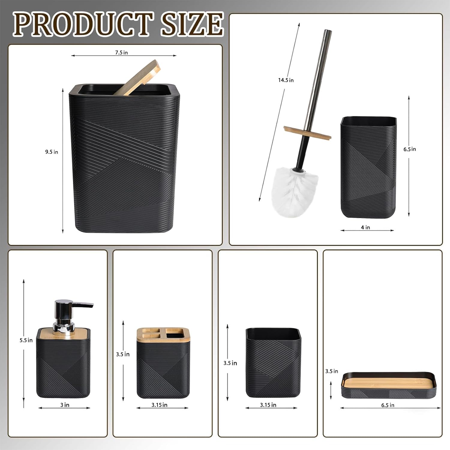 CERBIOR Bathroom Accessories Set 6 Piece Bamboo Bath Ensemble Includes Soap Dispenser, Toothbrush Holder, Toothbrush Cup, Soap Dish for Decorative Countertop and Housewarming Gift (Black)
