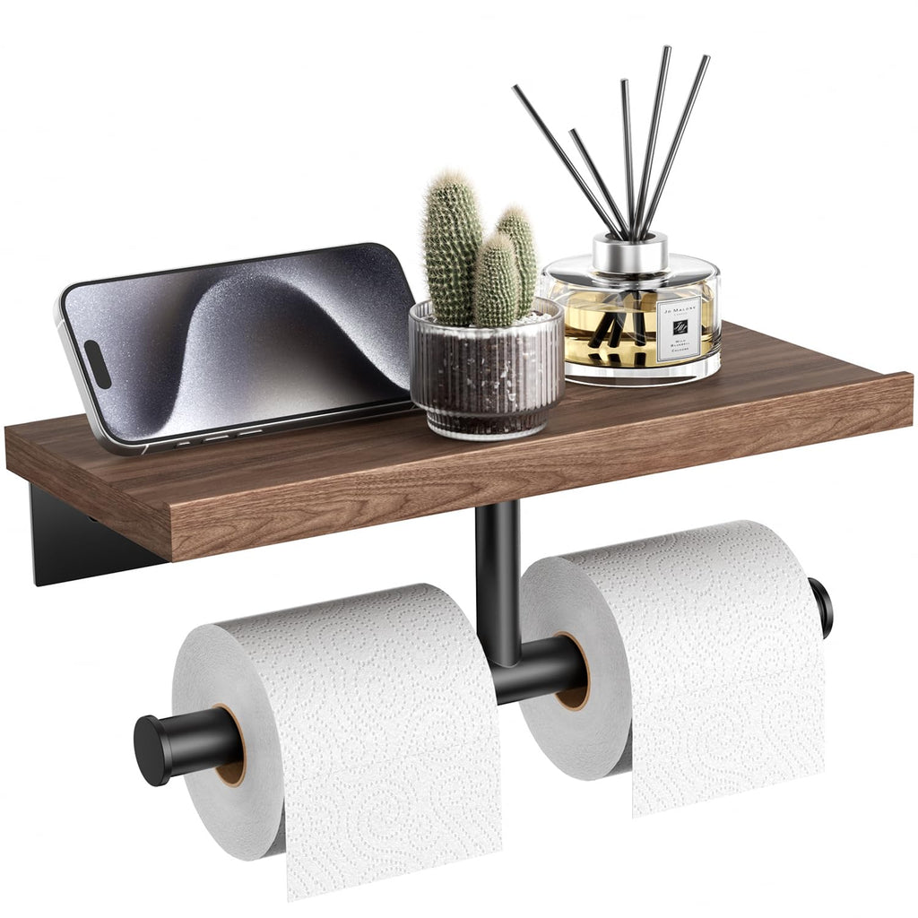 Walnut Matte Black Stainless Steel Wall Mount Toilet Paper Holder with Storage Shelf Bathroom Restroom Decor Accessory