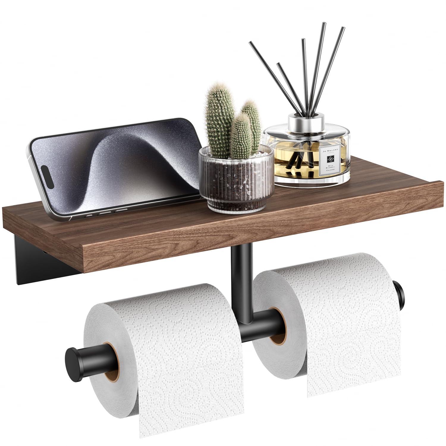 Walnut Matte Black Stainless Steel Wall Mount Toilet Paper Holder with Storage Shelf Bathroom Restroom Decor Accessory