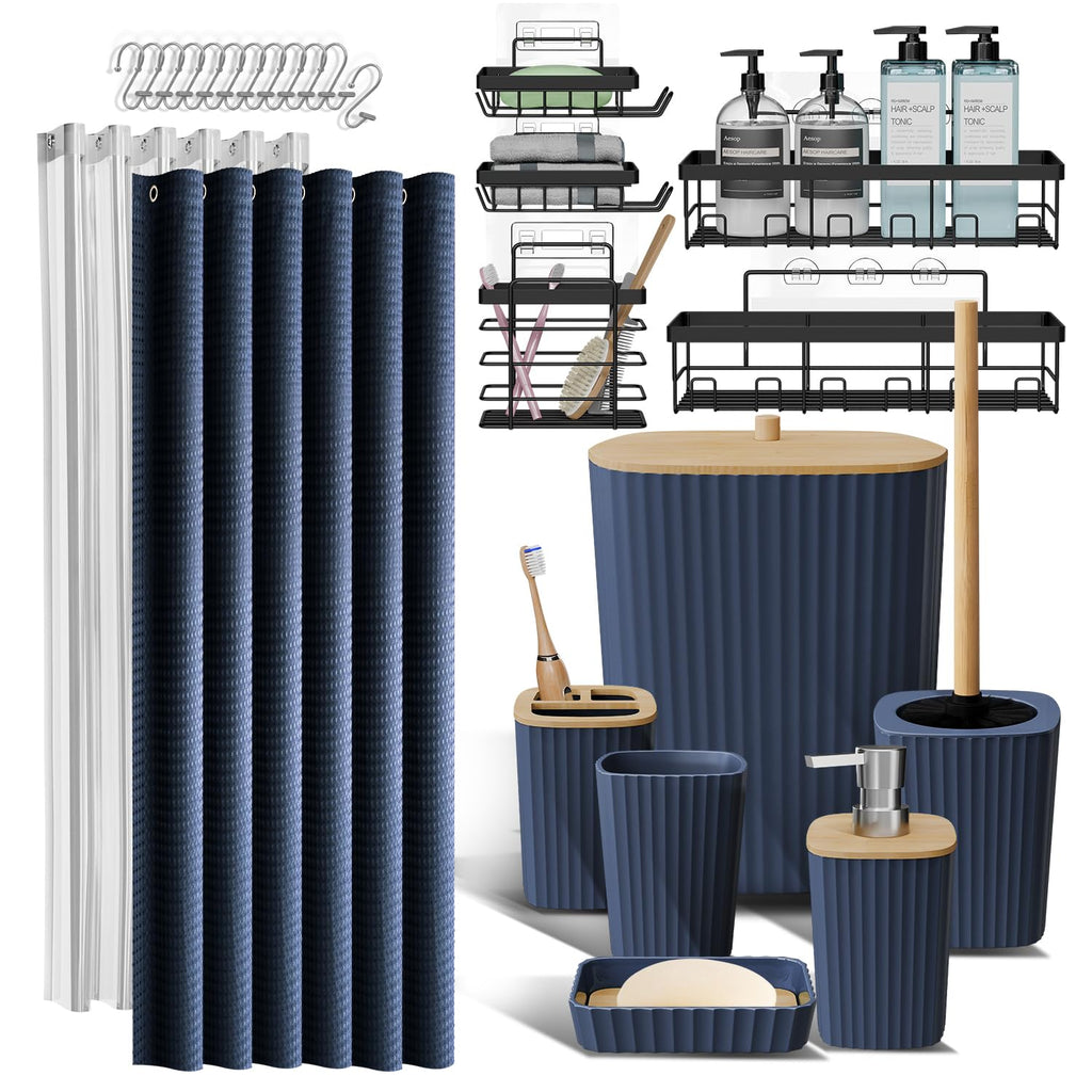 Clara Clark Bathroom Accessories Set - Bathroom Set, Bathroom Accessory Set, Shower Curtain Set, Toilet Brush, Trash Can & Soap Dispenser - Navy - 20PC