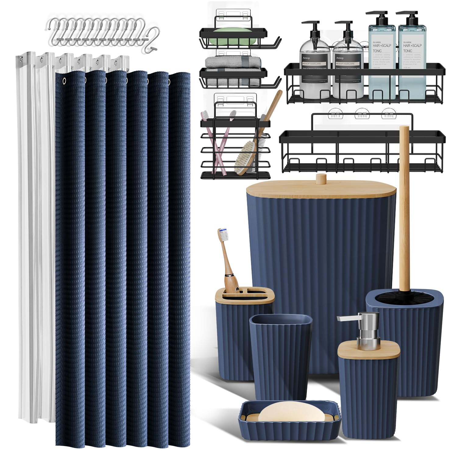 Clara Clark Bathroom Accessories Set - Bathroom Set, Bathroom Accessory Set, Shower Curtain Set, Toilet Brush, Trash Can & Soap Dispenser - Navy - 20PC