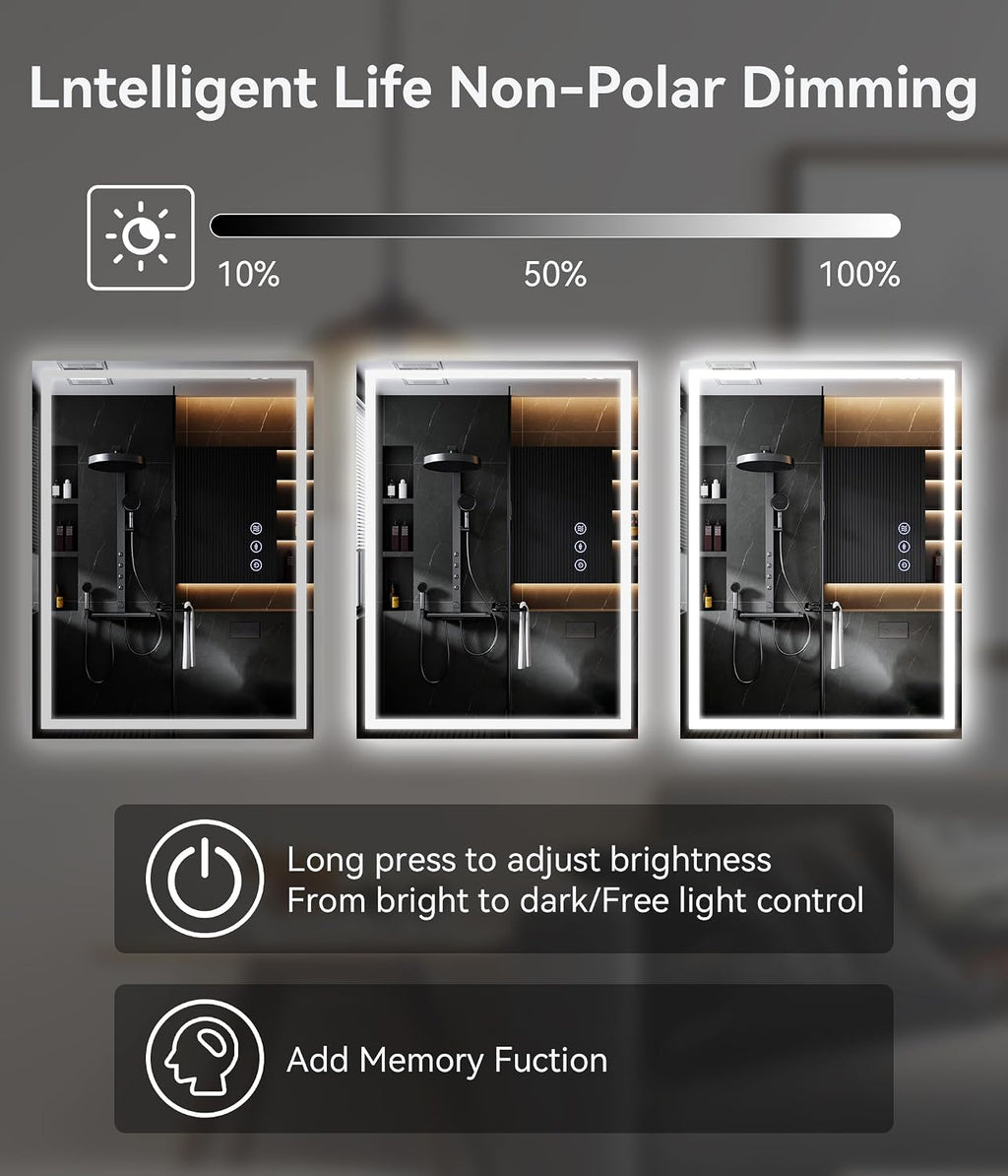 28x20 inches LED Bathroom Mirror Anti Fog Adjustable Brightness Backlit Front Lit Lighting Wall Mounted Vanity Mirror with Memory Function Shatter-Proof Tempered Glass Lighted Mirror