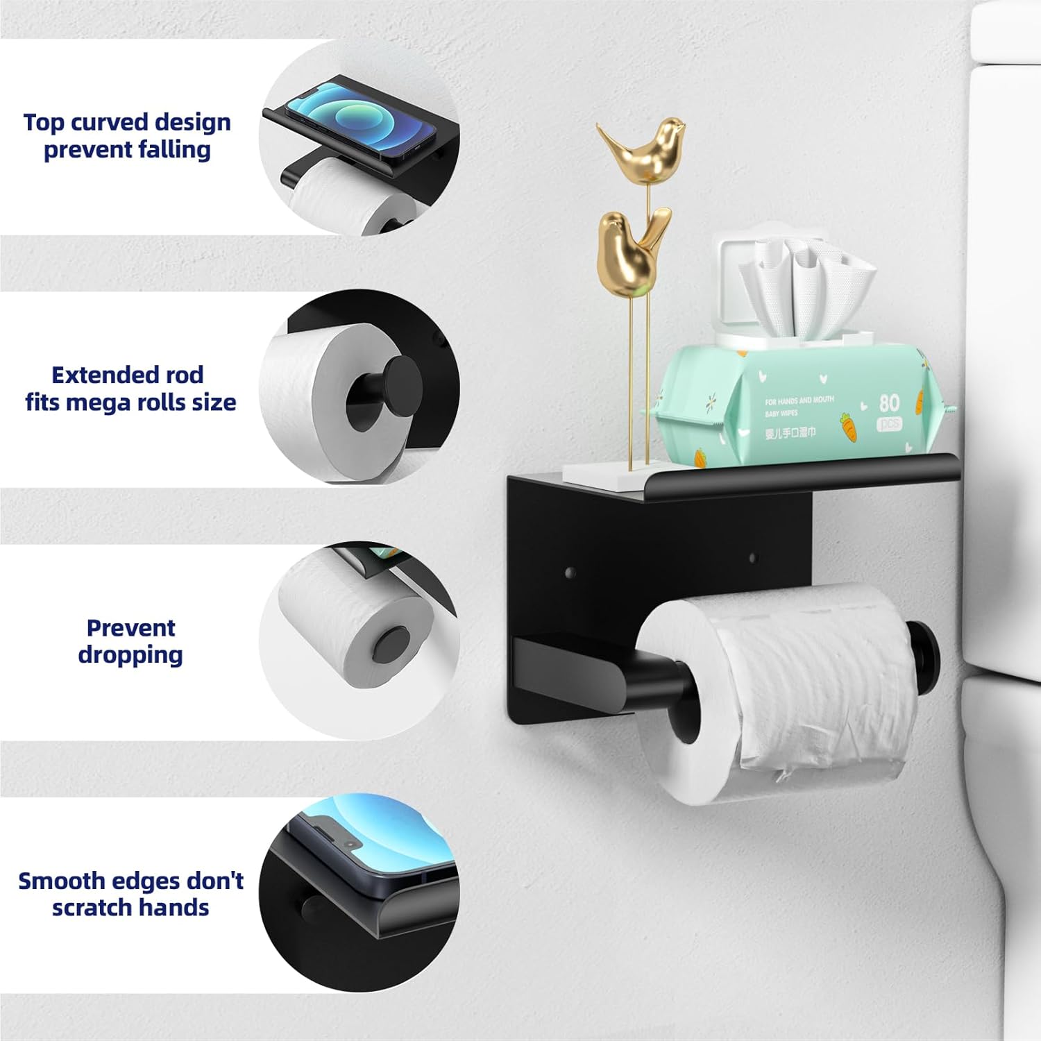 GLNLQ Matte Black Toilet Paper Holder with Shelf, Fits Mega Rolls, Rustproof Stainless Steel, Self Adhesive Wall Mount Toilet Paper Roll Holder, for Bathroom, Washroom, Kitchen, RV