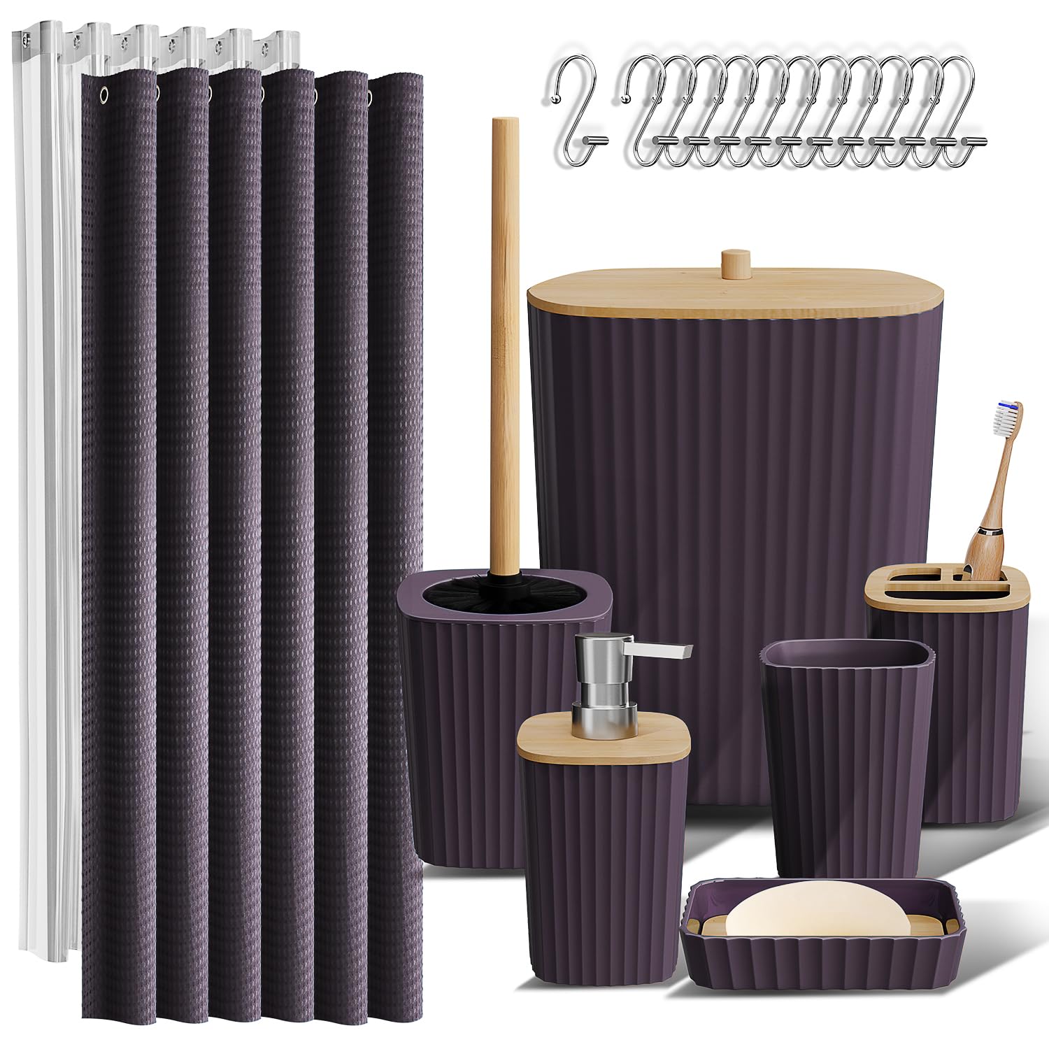 Clara Clark Bathroom Accessories Set - Bathroom Set, Bathroom Accessory Set, Shower Curtain Set, Toilet Brush, Trash Can & Soap Dispenser - Navy - 20PC