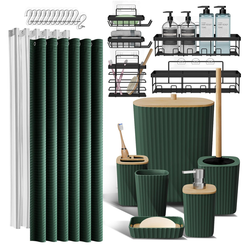 Clara Clark Bathroom Accessories Set - Bathroom Set, Bathroom Accessory Set, Shower Curtain Set, Toilet Brush, Trash Can & Soap Dispenser - Navy - 20PC