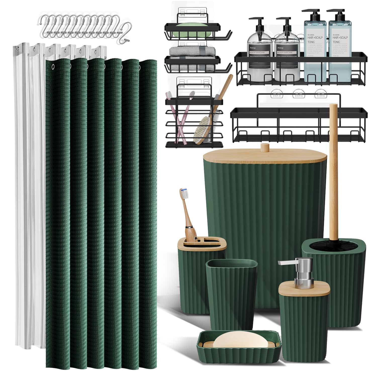 Clara Clark Bathroom Accessories Set - Bathroom Set, Bathroom Accessory Set, Shower Curtain Set, Toilet Brush, Trash Can & Soap Dispenser - Navy - 20PC