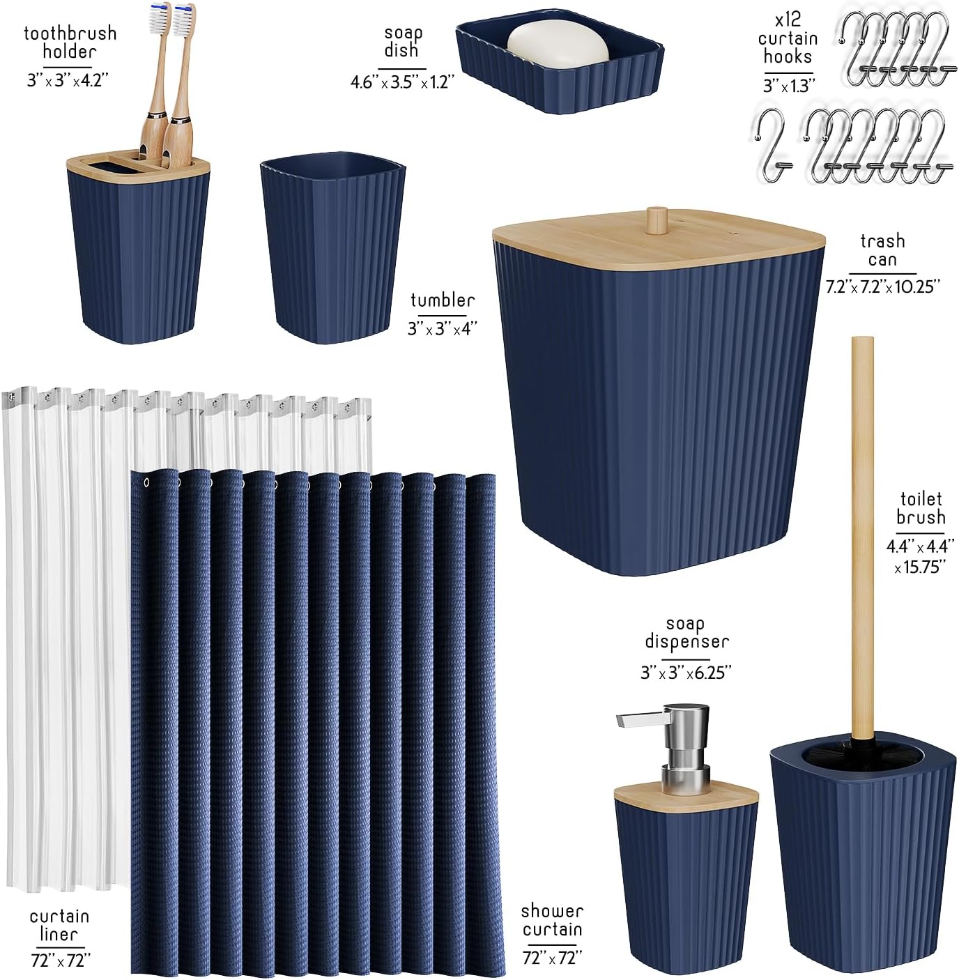 Clara Clark Bathroom Accessories Set - Bathroom Set, Bathroom Accessory Set, Shower Curtain Set, Toilet Brush, Trash Can & Soap Dispenser - Navy - 20PC