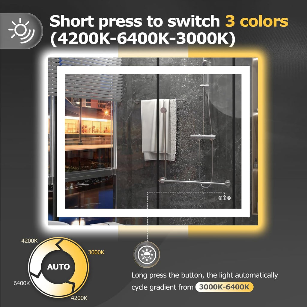 Hivone 40X32 LED Bathroom Mirror with Lights, Anti-Fog, Dimmable, Backlit + Front Lit, Smart Bathroom Vanity Mirror, Memory Function, Shatterproof, Tempered Glass (Horizontal/Vertical)