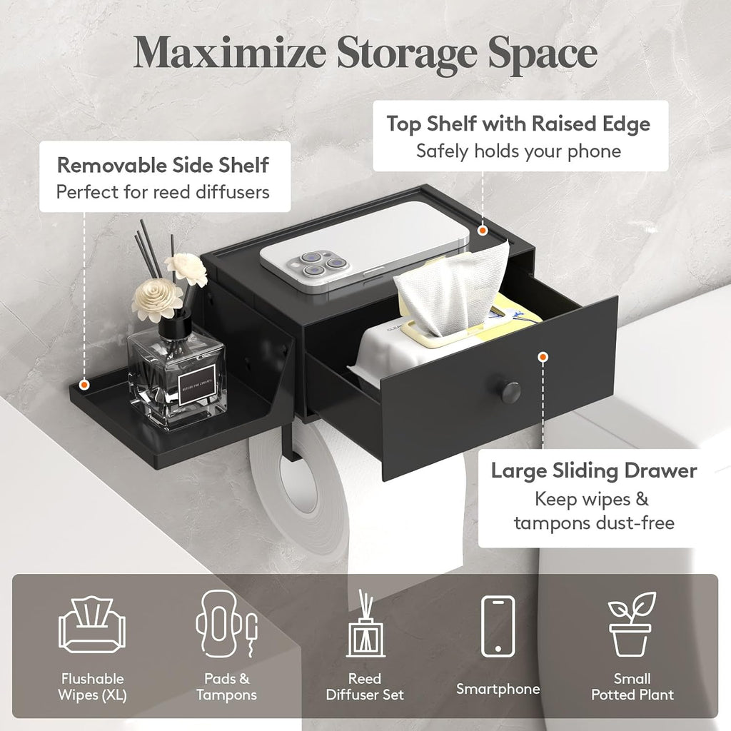 Lifewit Plastic Toilet Paper Holder with Shelf and Drawer, Screw or Adhesive Wall Mount Tissue Roll Storage, Sturdy Bathroom Wipes Dispenser Organizer, Black, 1 Pack