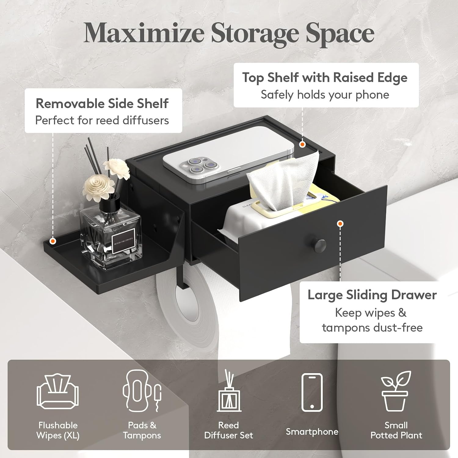 Lifewit Plastic Toilet Paper Holder with Shelf and Drawer, Screw or Adhesive Wall Mount Tissue Roll Storage, Sturdy Bathroom Wipes Dispenser Organizer, Black, 1 Pack