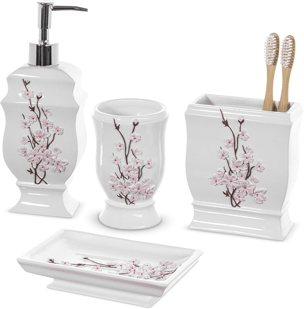 Creative Scents Vanda Bathroom Set - Cherry Blossom White Bathroom Accessories Set - 4 Piece Floral Bathroom Soap Dispenser Set Includes: Lotion Dispenser, Toothbrush Holder, Tumbler & Soap Dish