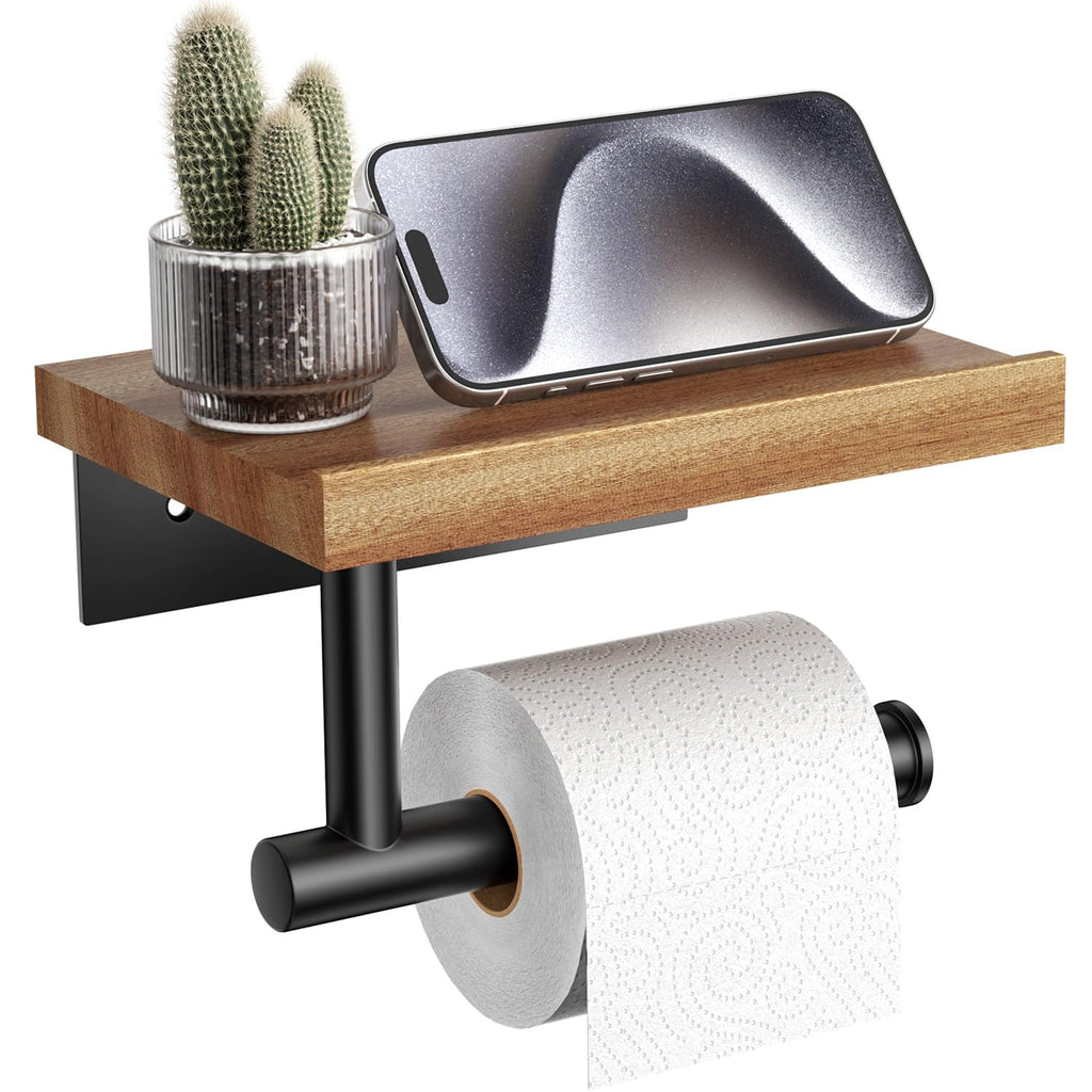 Walnut Matte Black Stainless Steel Wall Mount Toilet Paper Holder with Storage Shelf Bathroom Restroom Decor Accessory