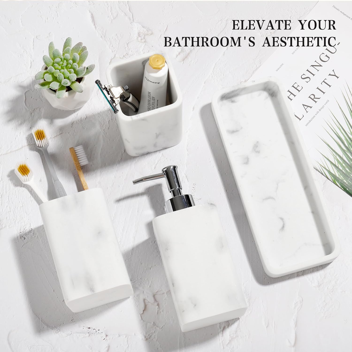 YMXYJM Bathroom Accessories Set, 4 Pcs Bathroom Accessory Set, Soap Dispenser, Toothbrush Holder, Qtip Holder Set, Bathroom Sets Complete, Bathroom Sink Set for Modern Home Decor, White