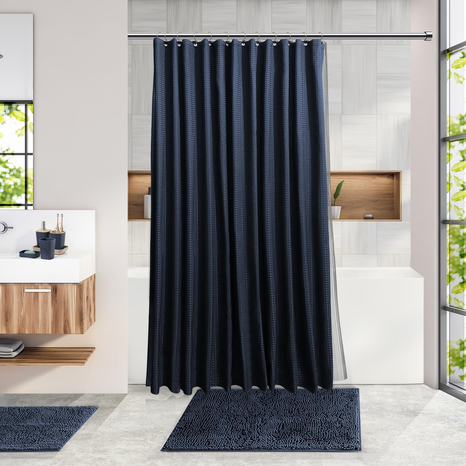 Clara Clark Bathroom Accessories Set - Bathroom Set, Bathroom Accessory Set, Shower Curtain Set, Toilet Brush, Trash Can & Soap Dispenser - Navy - 20PC