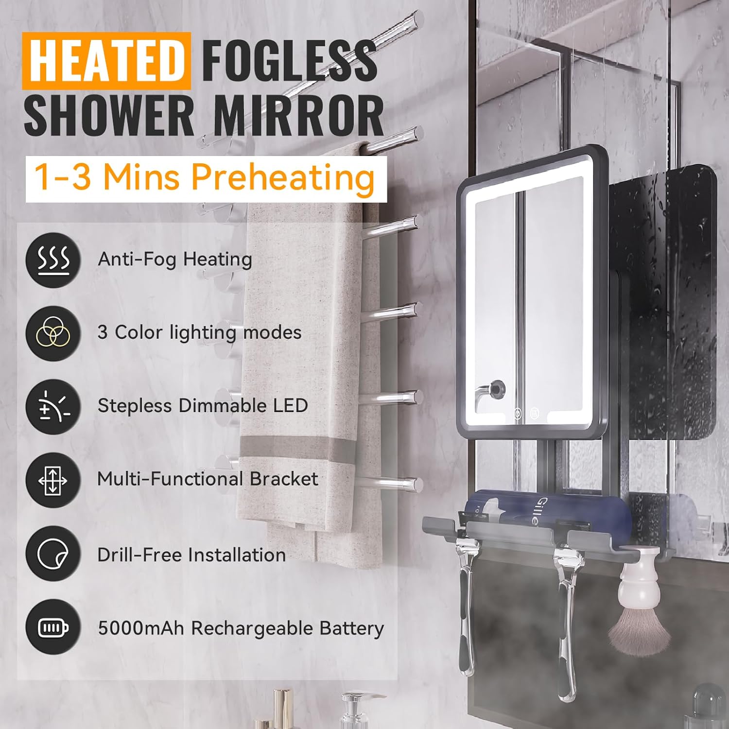 Heated Shower Mirror Fogless for Shaving with 3-Color Dimmable LED Lights, Rechargeable, 360 Degree Adjustable, Drill-Free, All-in-One Storage Tray Holds Shaving Foam, Brush and 2 Razors, Black