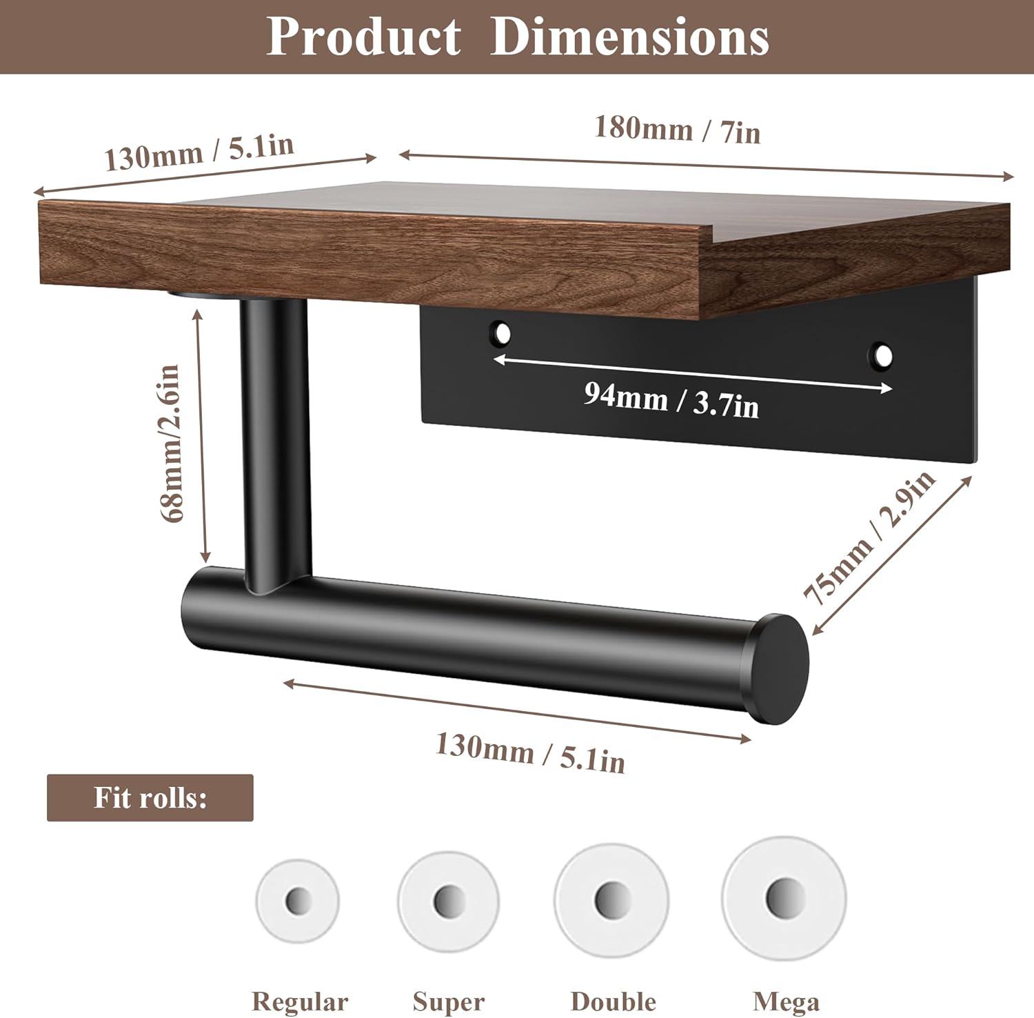Walnut Matte Black Stainless Steel Wall Mount Toilet Paper Holder with Storage Shelf Bathroom Restroom Decor Accessory