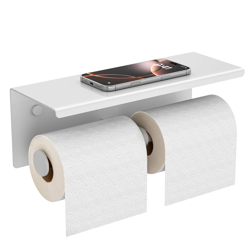 FORIOUS Double Toilet Paper Holder with Shelf, Wall Mount Tissue Roll Holder for Bathroom, 304 Stainless Steel Commercial Toilet Paper Dispensers with Phone Shelf (1, Brushed Nickel)