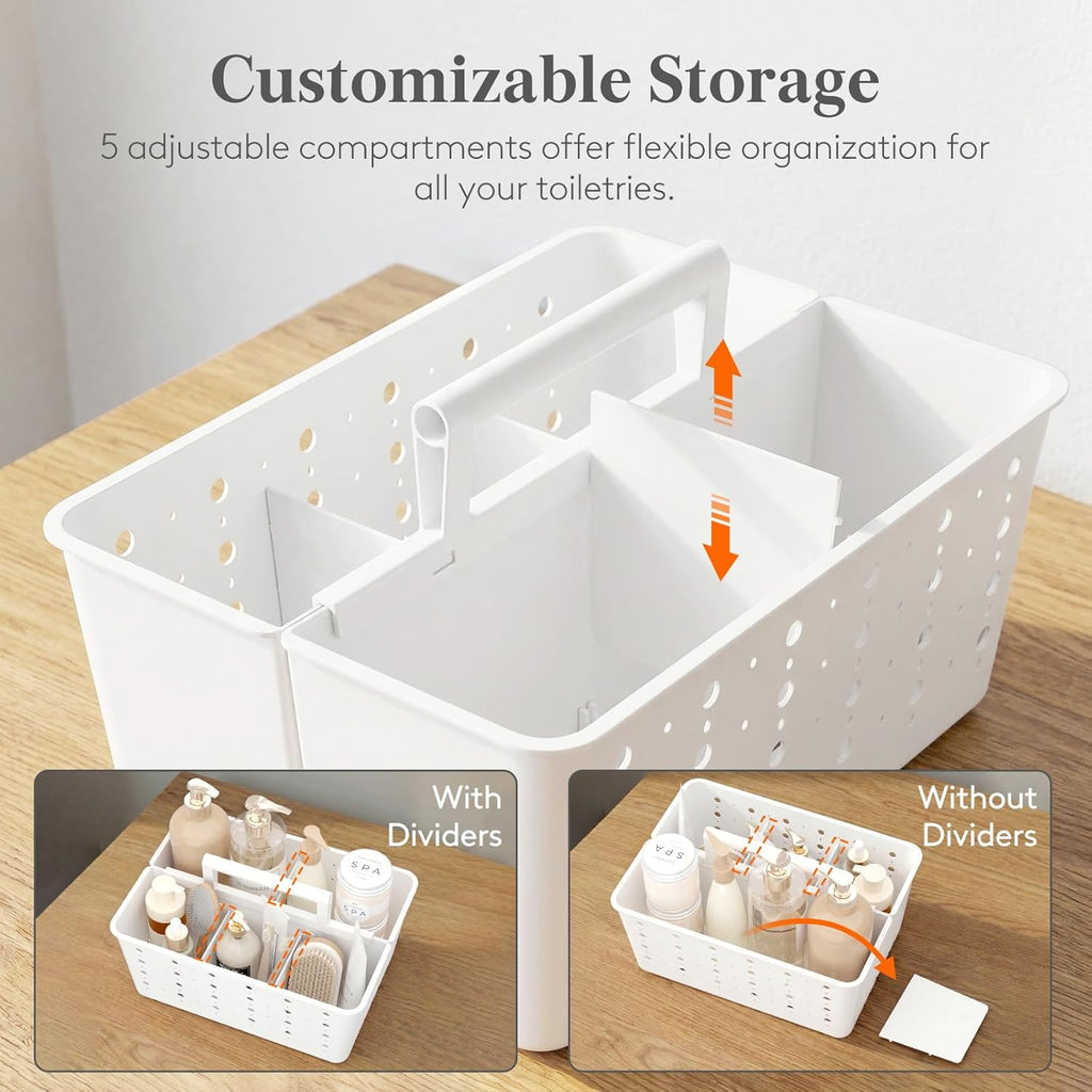 Lifewit Shower Caddy Portable, Caddy Organizer with Handle and Adjustable Dividers, Plastic Shower Basket for Dorm Room Essentials, College, Bathroom, White, 1 Pack