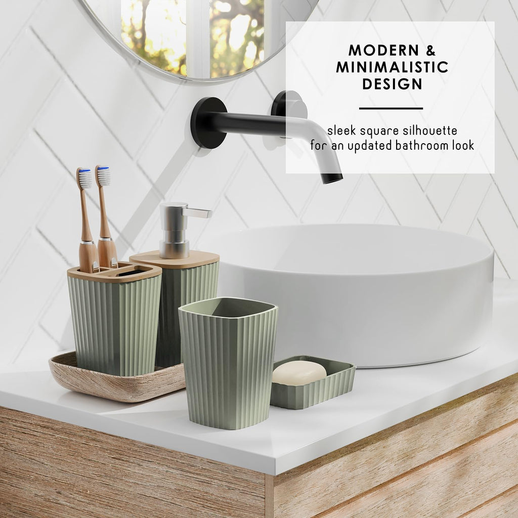 Clara Clark Bathroom Set - Sage Green Bathroom Accessories Set, 6PC Bathroom Accessory Set, Bathroom Sets with Toilet Brush, Trash Can & Soap Dispenser