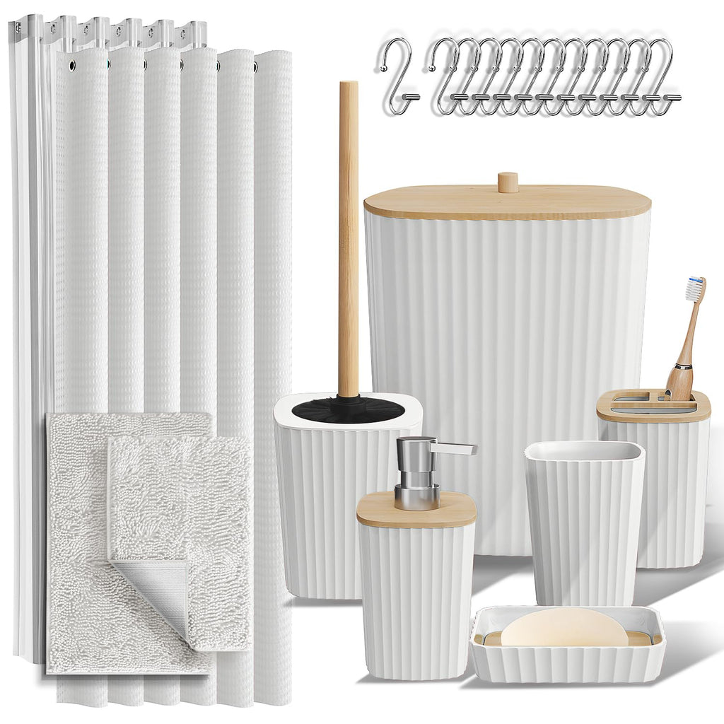 Clara Clark Bathroom Accessories Set - Bathroom Set, Bathroom Accessory Set, Shower Curtain Set, Toilet Brush, Trash Can & Soap Dispenser - Navy - 20PC