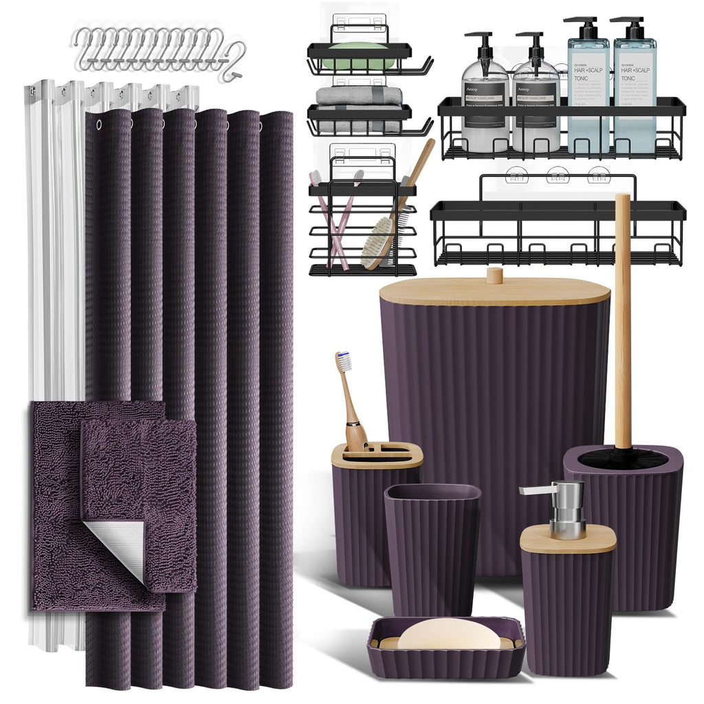 Clara Clark Bathroom Accessories Set - Bathroom Set, Bathroom Accessory Set, Shower Curtain Set, Toilet Brush, Trash Can & Soap Dispenser - Navy - 20PC