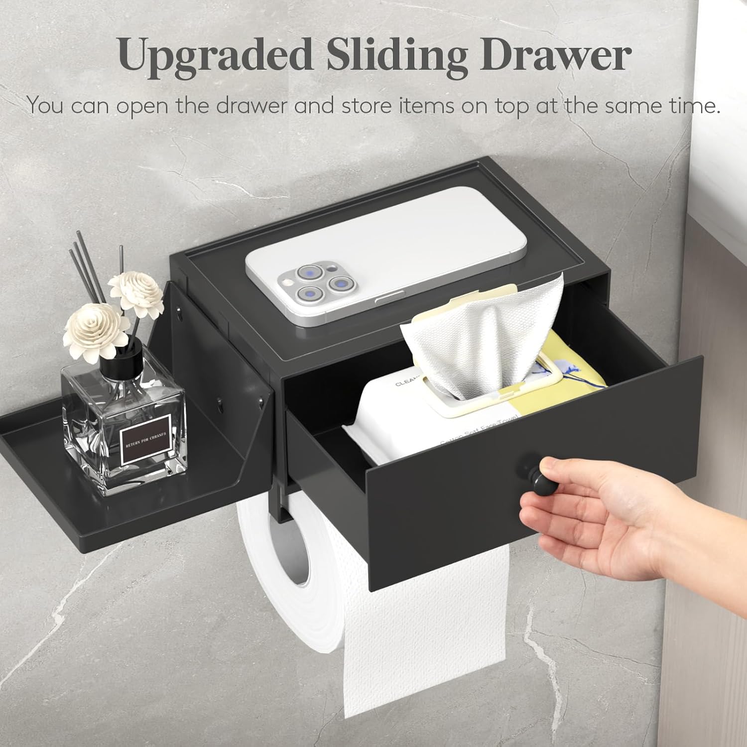 Lifewit Plastic Toilet Paper Holder with Shelf and Drawer, Screw or Adhesive Wall Mount Tissue Roll Storage, Sturdy Bathroom Wipes Dispenser Organizer, Black, 1 Pack