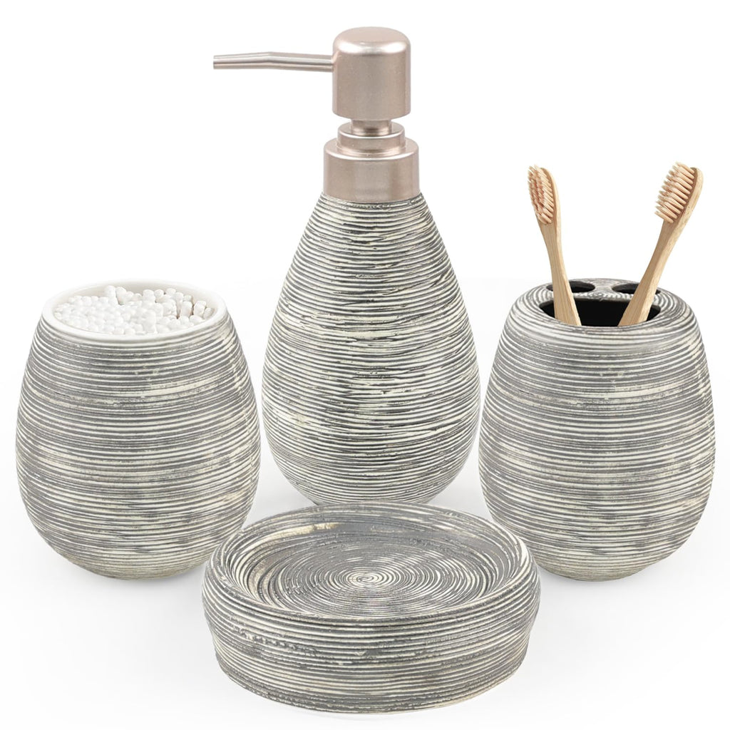 CERBIOR Bathroom Accessories Set,4 Pcs Ceramic Bathroom Decor Accessory,Includes Toothbrush Holder, Toothbrush Cup, Soap Dish for Decorative Countertop and Housewarming Gift, (Brown White)