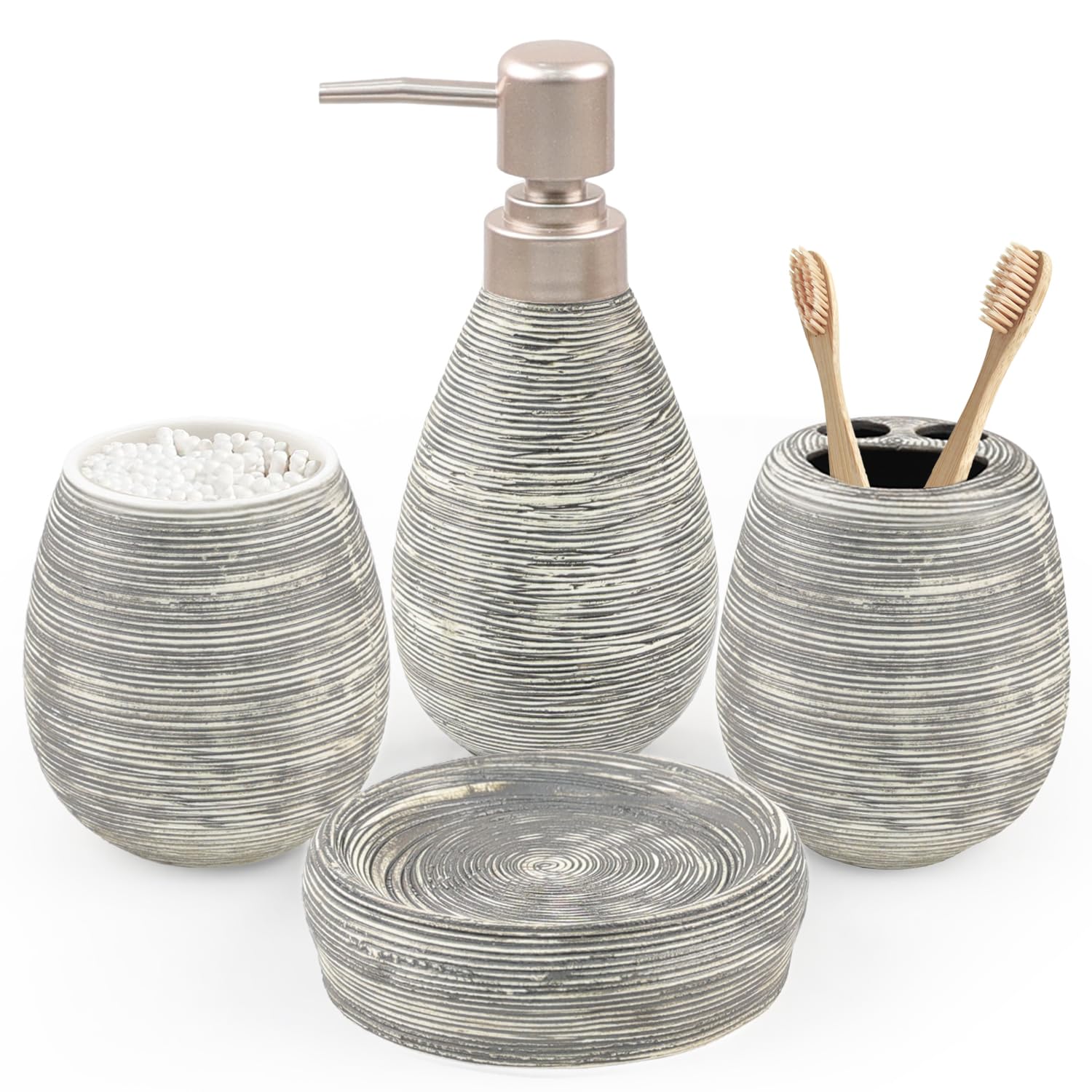 CERBIOR Bathroom Accessories Set,4 Pcs Ceramic Bathroom Decor Accessory,Includes Toothbrush Holder, Toothbrush Cup, Soap Dish for Decorative Countertop and Housewarming Gift, (Brown White)