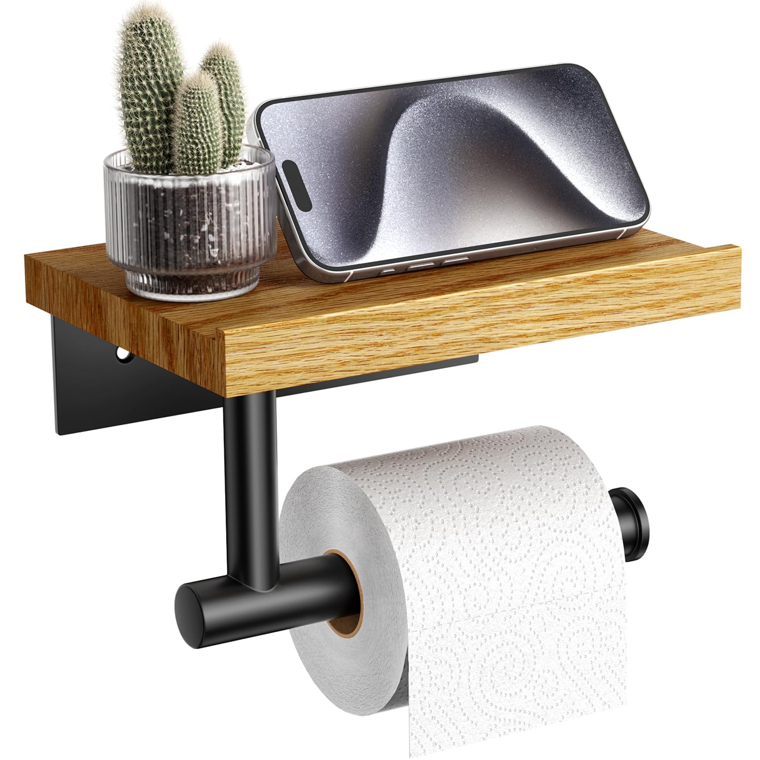 Walnut Matte Black Stainless Steel Wall Mount Toilet Paper Holder with Storage Shelf Bathroom Restroom Decor Accessory