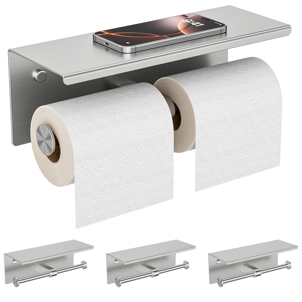 FORIOUS Double Toilet Paper Holder with Shelf, Wall Mount Tissue Roll Holder for Bathroom, 304 Stainless Steel Commercial Toilet Paper Dispensers with Phone Shelf (1, Brushed Nickel)